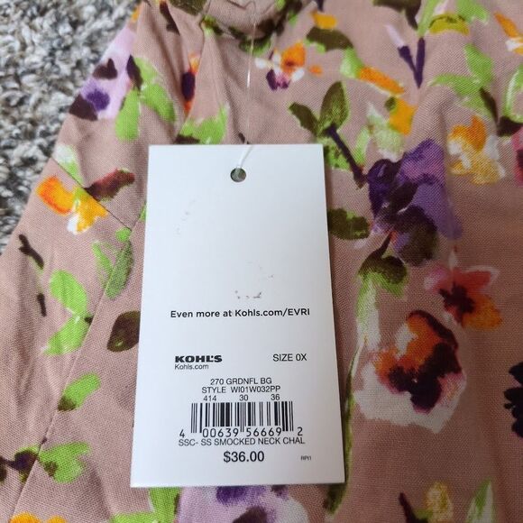 NWT EVRI Women’s Cap Sleeve Brown Floral Tunic Cottagecore Woven Size 0X - Picture 5 of 7